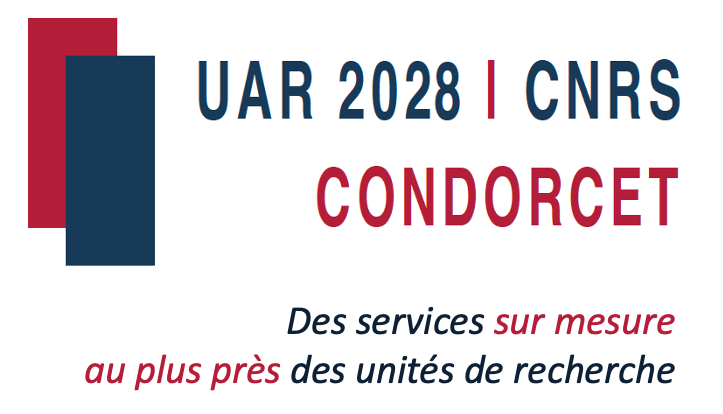 Logo de l'UAR2028 avec la baseline Des services sur mesure au plus près des unités de recherche CNRS du campus Condorcet